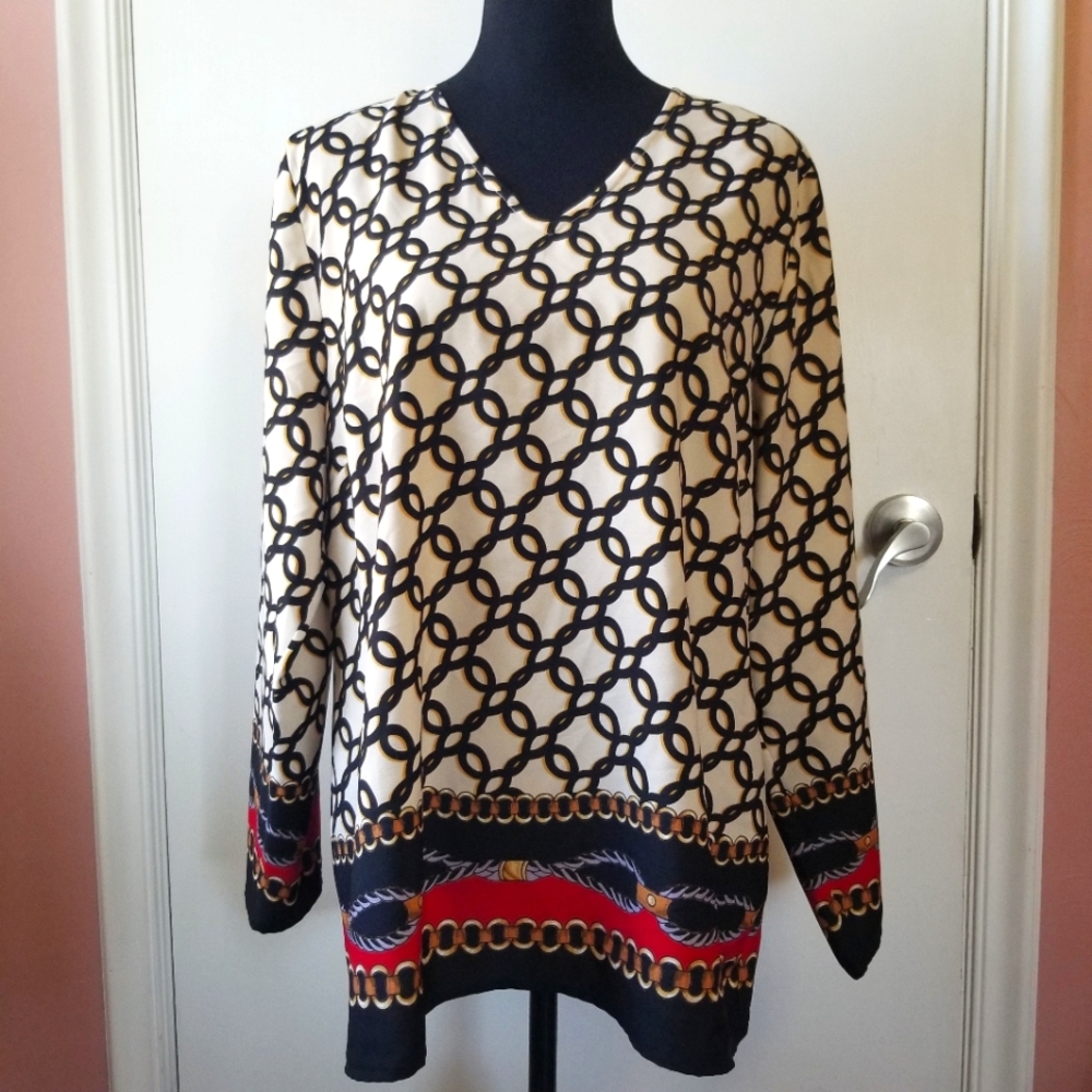 CHICO'S Equestrian Black Red Horse Riding Long Sleeve Top Size 12 Large